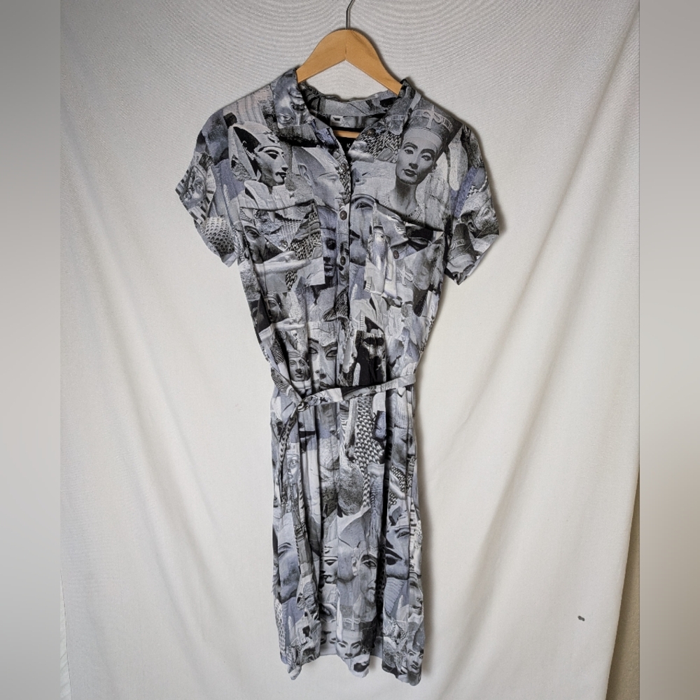 Rare Bitte Kae Rand Grey Black Egyptian Print Midi Dress Sz XS Pockets
